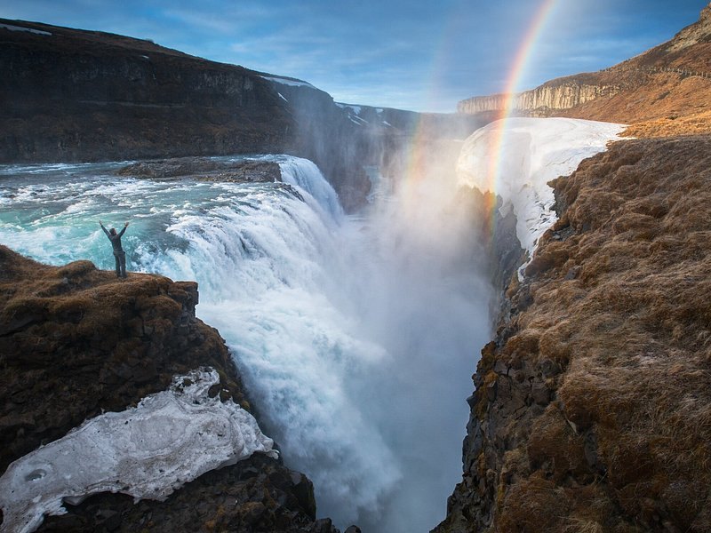 A rainbow standing in the spray above Gullfoss