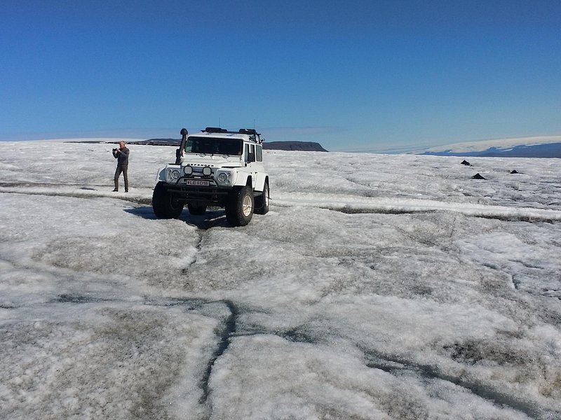 A glacier truck crossing crevassed ice on the Langjokull ice cap