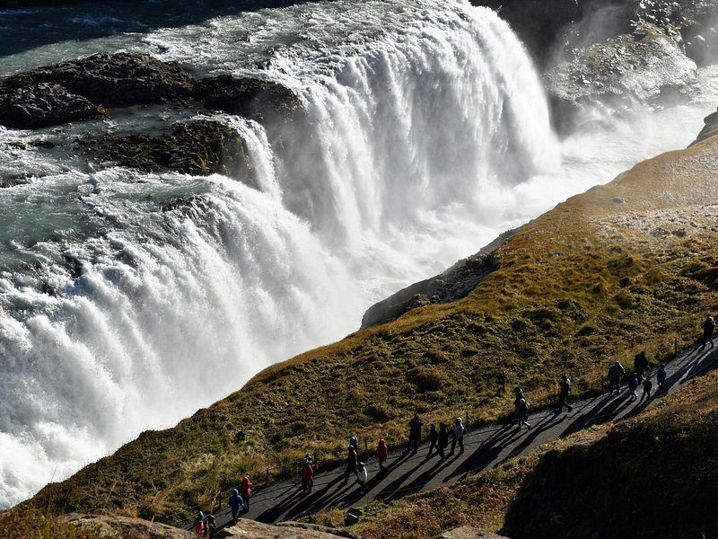 Gullfoss falling into its canyon, seen from the path above