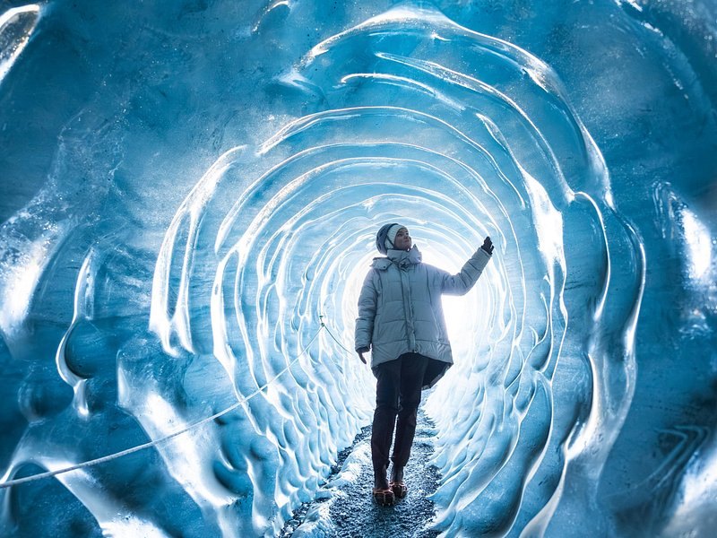The ribbed blue walls of the tunnel cut into Langjokull glacier